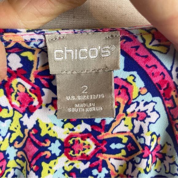 Chico's PInk Blue Multi Color Geometric Floral Stretch Knit Shift Dress 2 - Picture 8 of 9